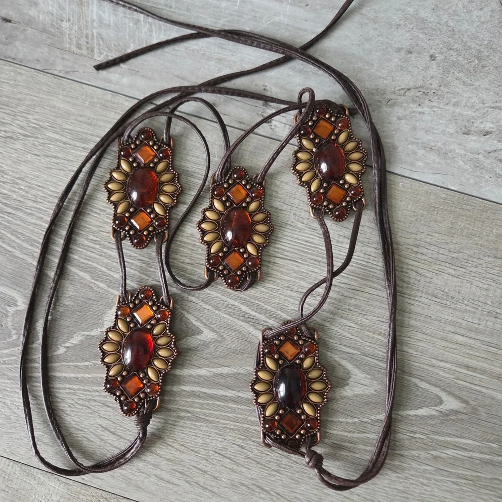 Boho Amber Stone Medallion Tie Belt Brown Faux Leather Western Festival Waist 28